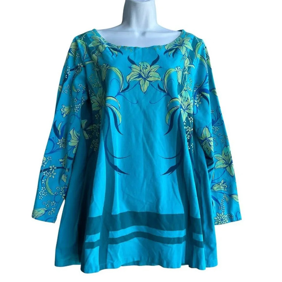 Unbranded Tops - Women's Floral Tunic Top Blue Long Sleeve Round Neck Size XL Casual Blouse